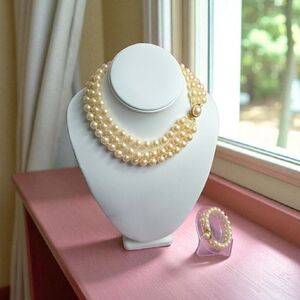 Vintage 3 Rows Pearl Necklace and Bracelet Set